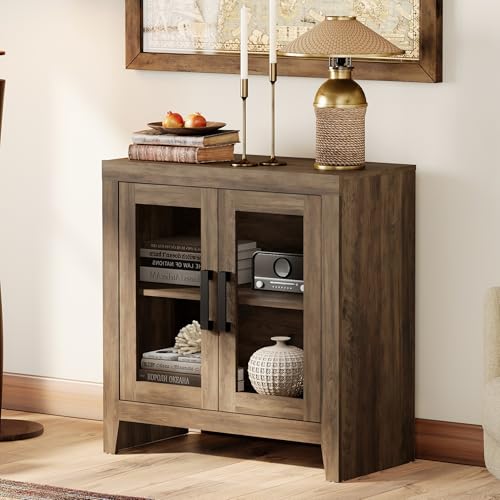 WAMPAT Farmhouse TV Stand for TVs up to 50", Rustic Wood Entertainment Center with Adjustable Shelf, Glass Doors & Storage, Media Console Cabinet for Living Room, Bedroom, Brown