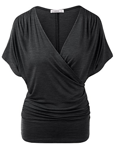 J.TOMSON Women's Batwing Sleeve Surplice Wrap Front Top CHARCOAL 2XL