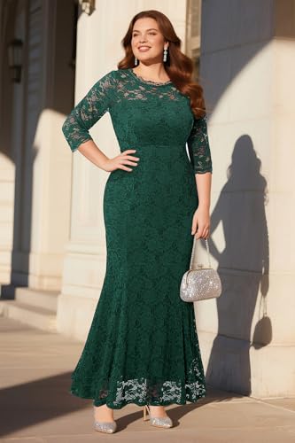 Image of Pinup Fashion Plus Size Formal Dress Women Wedding Lace Evening Gowns | Elegant lace mermaid evening gown, sheer 3 /4 sleeves, ideal for mother of the bride, prom, wedding guest
