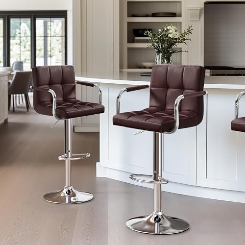 Image of Yaheetech Bar Stools Set of 2, Swivel with Backs, Adjustable Height, Brown
