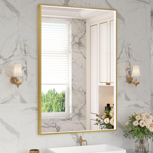 Twalsu 24x36 Inch LED Bathroom Mirror, Gold Metal Framed Lighted Mirror for Bathroom, Wall Mouted LED Vanity Mirror with Lights, 3 Colors and Stepless Dimmable, Anti-Fog, Memory by Twalsu - Used condition - US$75.78