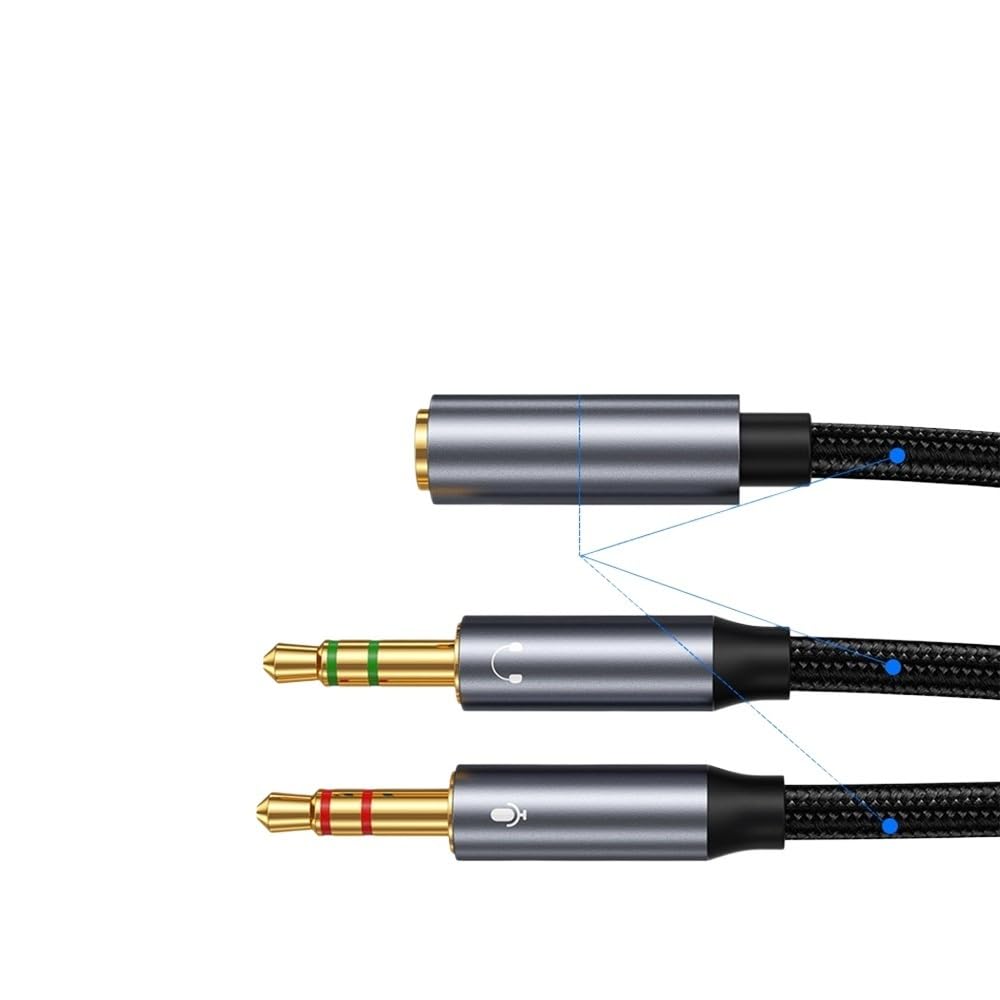 Mikrofon do słuchawek 3,5 mm adapter 2 w 1 kabel AUX słuchawki komputerowe kabel audio 2 w 1 (szary 35 cm)