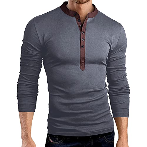 BEUU Mens Slim Fit Shirts Muscle Sport Henley Button T-Shirt Classic Fit Long Sleeve Tee Shirts for Men Casual Gym Tops Cotton Linen Blend Soft Comfy Breathable Loose Baggy Relaxed-Fit Work Shirts