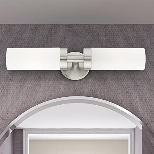 Image of Livex Lighting 15072-91 Aero Collection ADA 2-Light Bathroom Vanity Light with Satin Opal White Glass Cylinder Shades, Brushed Nickel, 19.25 x 4.25 | Dimensions: 19.25 x 4.25; Satin Opal White Glass Cylinder Shades