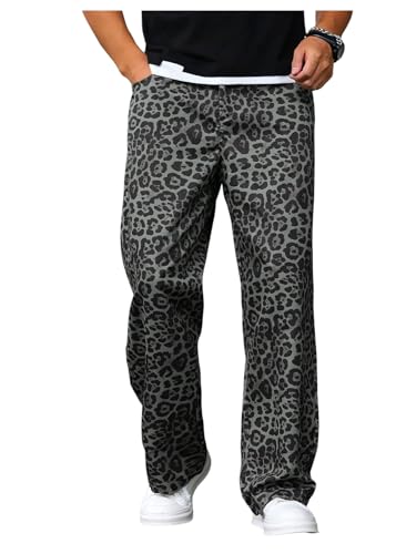 VIPWOLF Men's Leopard Print Straight Leg Pants Y2K Hip Hop Drawstring Waist Cheetah Track Pants Grey Cheetah Medium