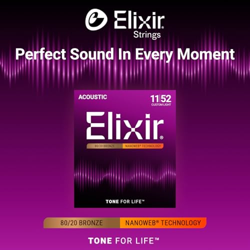Image of Elixir Strings, Acoustic Guitar Strings, 80 /20 Bronze with NANOWEB Technology, Longest-Lasting Bright and Focused Tone For Life with Comfortable Feel, 6 String Set, Custom Light 11-52