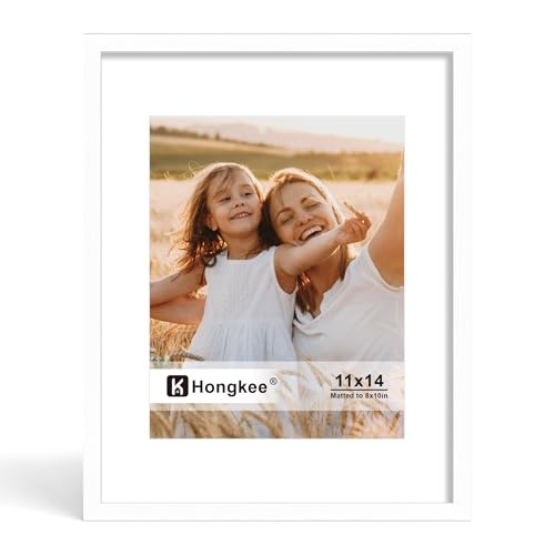 Hongkee 11x14 Picture Frame Made of Solid Wood with Real Glass Display Pictures 8x10 with Mat or 11 x 14 without Mat - Wall and Tabletop (White 1 Pack)