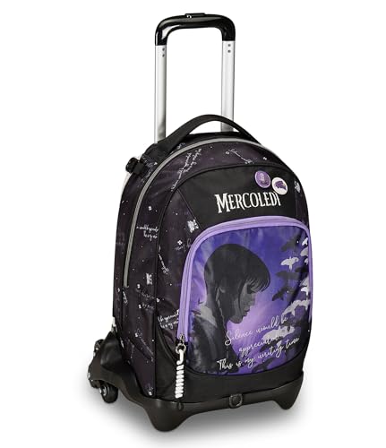 Seven Trolley Scuola Jack 3 Ruote, MERCOLEDÌ - BE THE STRANGE YOU WANT TO, Nero Viola - 3 in 1, Triplo Uso, Zaino Con Carrello Sganciabile, Tasca Porta Borraccia, Zaino Scuola Ragazza