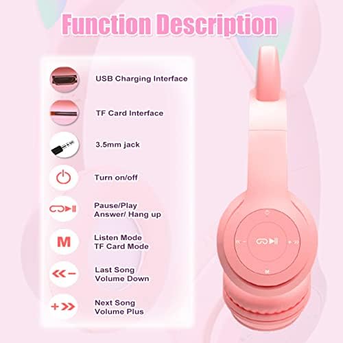 Megadream Kids Wireless Headphones, Bluetooth Over Ear Headphones with Microphone, Cat Ear LED Light Child Headset TF Card/Wired Foldable Earphones for Girls Boys Gift Age 7+ (Pink)
