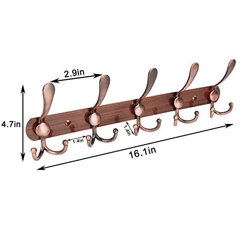 Phingeer Wall Mounted Coat Rack, Heavy Duty Coat Rack With 5 Tri Metal Hooks, Stainless Steel Coat Hooks For Hanging Coats, Jacket, Hanger, Hat, Bag, Towel, Purse (Antique Copper, 2 Packs) #TOP5