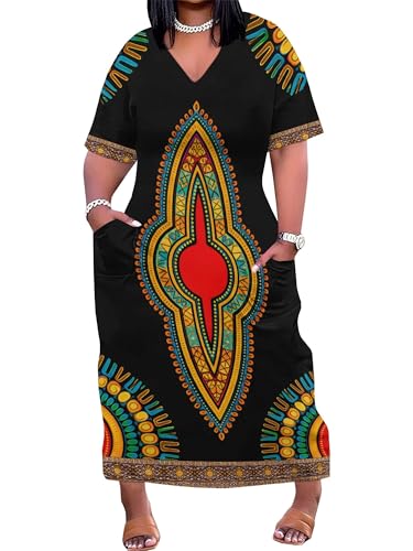 Image of Plus Size Maxi Dress for Women Short Sleeve V Neck Casual Loose Sundress with Pockets