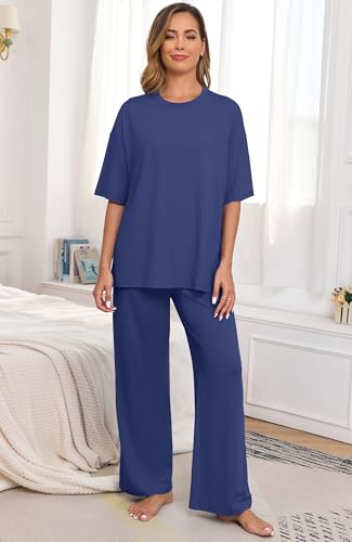 Image of PrinStory Womens Pajamas Sets 2 Piece Lounge Set Short Sleeve Tops and Long Pants Soft Pjs Loungewear with Pockets