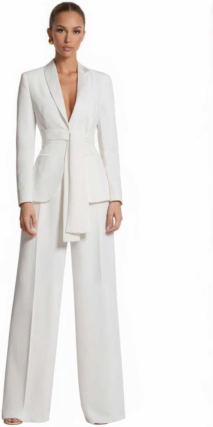 Pant Suits for Women with Belt 2 Pieces Pantsuit Long Sleeve Formal Evening Wedding Guest Outfit with Pockets