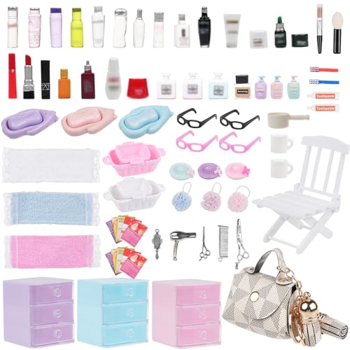 BeadRiver 77Pcs Dollhouse Bathroom Accessories Set - Miniature Makeup & Toiletries with Storage Cases Handbag Hair Dryer - 1:12 Scale Doll House Decor for Girls