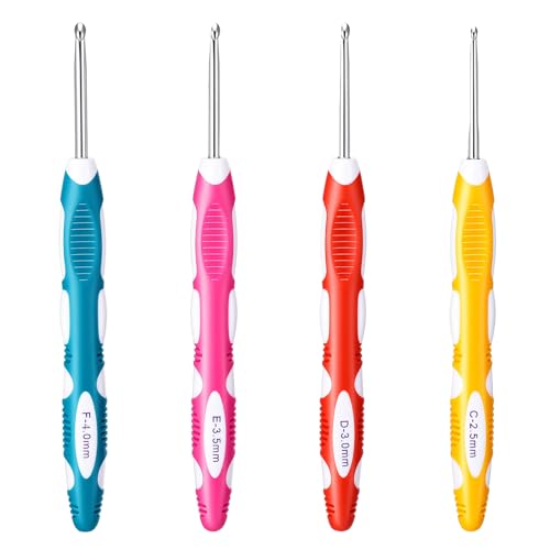 LXUEJIE 4 Stück Häkelnadel Set, 4 Größen Häkelnadeln Ergonomische Stricknadeln mit Bunte Silikongriff 2,5mm 3mm 3,5mm 4mm Metall Häkelnadel Stricknadel Stricken Häkeln für Anfänger und Häkelgarn