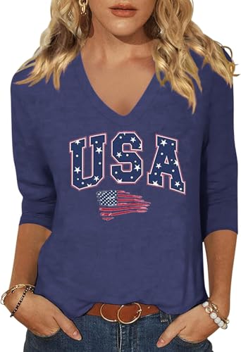 Scgirl Womens 3/4 V Neck Sleeve American Flag Shirts 4th of July Summer Shirts Graphic Tops (S,26310SC3 Navy)