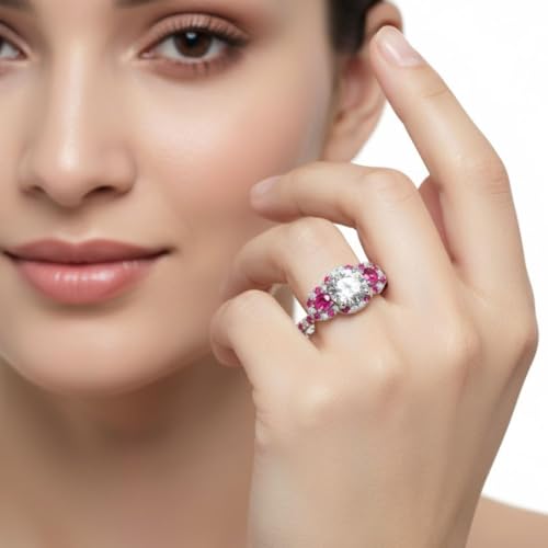 Image of 55Carat Choose Your Gemstone Delicate 3 Stone Halo Diamond CZ Ring Sterling Silver Round Shape Halo Engagement Rings Everyday Jewelry Wedding Jewelry Handmade Gifts for Wife US Size 4 to 12
