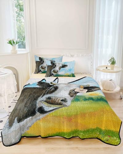 Steppdeckenset Kingsize, 3-teilig, luxuriöse gesteppte Tagesdecke, dünn, weich & gemütlich, Hay Girl Hay Farm Cow Barn, wendbare, genähte leichte Steppdecke, Bettdecken-Set für alle Jahreszeiten (1