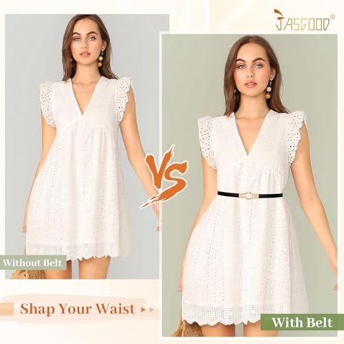 JASGOOD 2 Pack Women Skinny PU Leather Belts Fashion Ladies Thin Waist Belts for Jeans Pants Dresses with Gold Buckle2