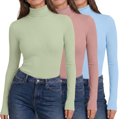 Ekouaer 3 Pack Womens Turtleneck Tops Ribbed Long Sleeve Basic Shirts