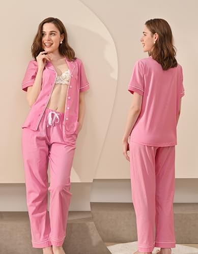 Image of NAP BOUND 100% Cotton Women's Pajama Sets Short Sleeve Button Down Soft Pjs 2 Piece Lounge Set with Pocket Nightwear XS-XXL