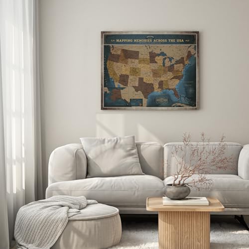 Image of DECORARTS - USA Push Pin Travel Map, Vintage Explorer-Style Canvas Wall Art in Blue, Archival Giclee Print, Hand-Stretched Canvas, Living Room & Office Wall Decor, for Travelers, Made in USA, 30x24''