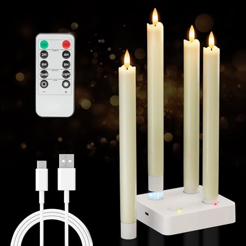Image of Flameless Taper Candles with Rmote, 9.6 inch Real Wax Rechargeable Battery Operated Candles, Led Candle Flickering Candlesticks, Electric Candle for Home, Wedding, Party, Decor, Ivory
