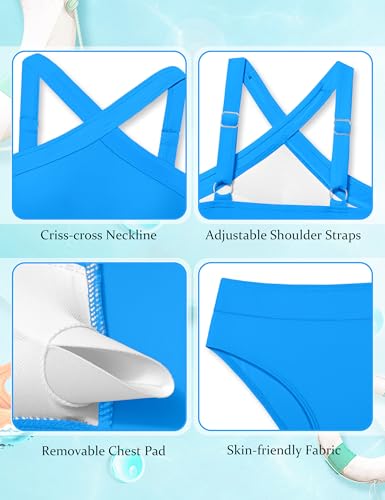 Image of Girls Swimsuits 2 Piece Bikinis Set Colorblock Bathing Suits Criss Cross Strap Girls' Swimwear