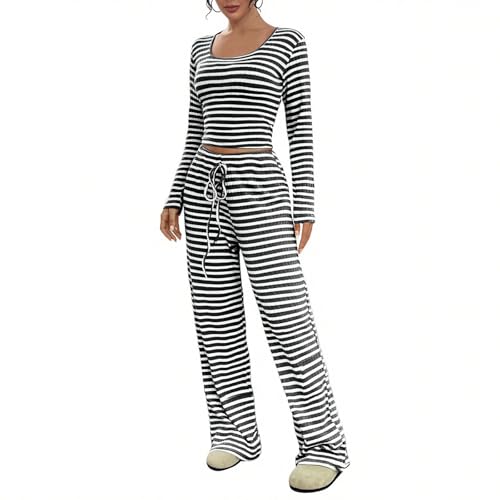 NSICBMNO Black Two Piece Outfit Women Winter Co Ord Sets Striped Pyjamas Long Sleeve Crop Tops Wide Leg Pants Ribbed Lounge Wear Sets Round Neck Jumpers Drawstring Pj Bottoms Airport Outfit Gym Set