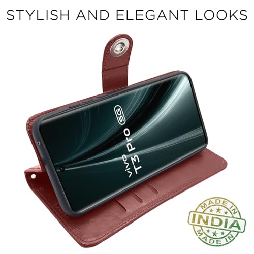 Image of Pikkme Flip Cover Leather Finish | Inside TPU with Card Pockets | Wallet Stand and Shock Proof | Complete Protection Button Flip Case for Vivo T3 Pro 5G / iQOO Z9s Pro 5G (Brown)