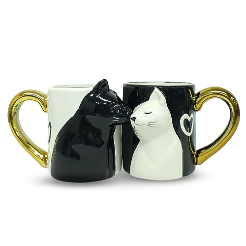 JVSupply Couple Gifts Kissing Cat Coffee Mug Set - Ceramic Tea Cups for Bride and Groom, Matching Gift for 2023 Anniversary, Wedding Gifts, Engagement for Lovers, Girlfriend, Wife, Cat Lovers 14oz
