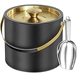 3.2L Modern Insulated Ice Bucket with Silicone Lid, Scoop, Strainer, Double Wall Stainless Steel Ice Bucket for Parties & Cocktail Bar,Ideal for Gift(Black)