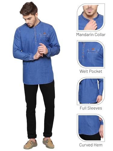 Image of Kuons Avenue Men's Denim Casual Short Kurta | Mandarin Collar | Full Sleeves | Tailored Fit- Stylish Ethnic Wear