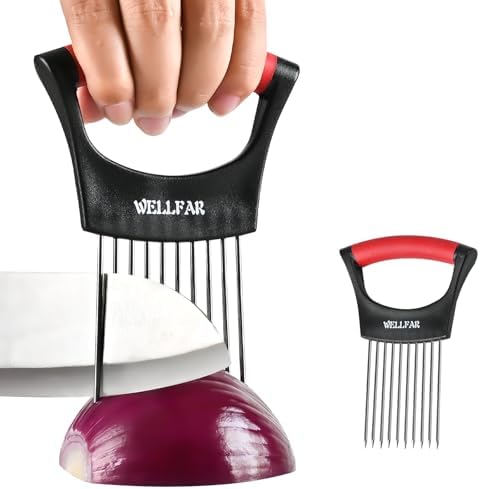 【2 PCS】Onion Slicer Holder - Onion Holder for Slicing, Vegetable Chopper & Cutter Tool for Potato, Lemon, Tomatoes, Stainless Steel Kitchen Gadget with Guide Rack, Meat Prep & Food Essentials.
