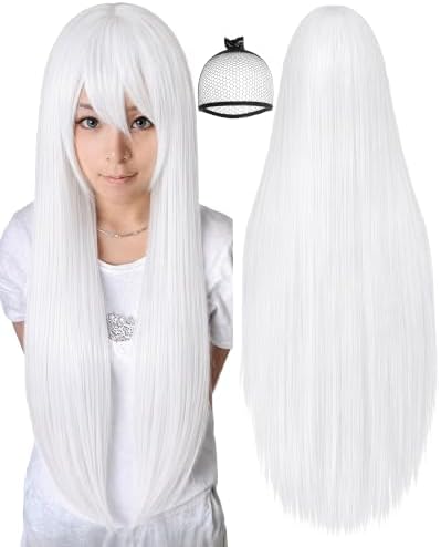 ANOGOL 32Inch/80cm Long White Wig Women Long Straight White Cosplay Wig