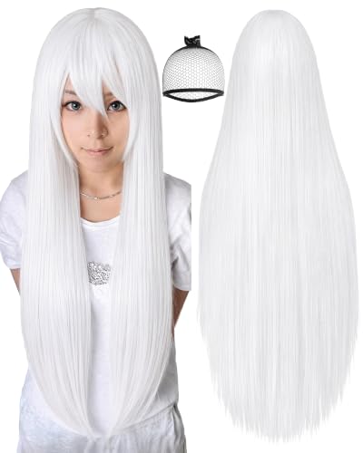 ANOGOL 32Inch/80cm Long White Wig Women Long Straight White Cosplay Wig