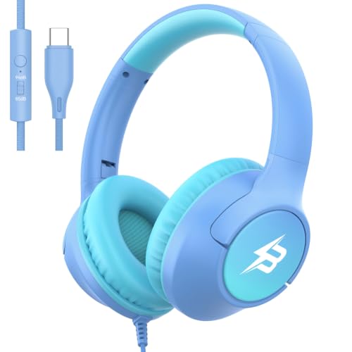 Image of USB C Headphones Wired for Kids, 85 /94dB Volume Limit With Mic, Light Blue | Kid Headphones for School, Wired Over Ear USBC Plug in Corded Headphones for Boys Girl Toddler, iPad, Tablet, Airplane Travel