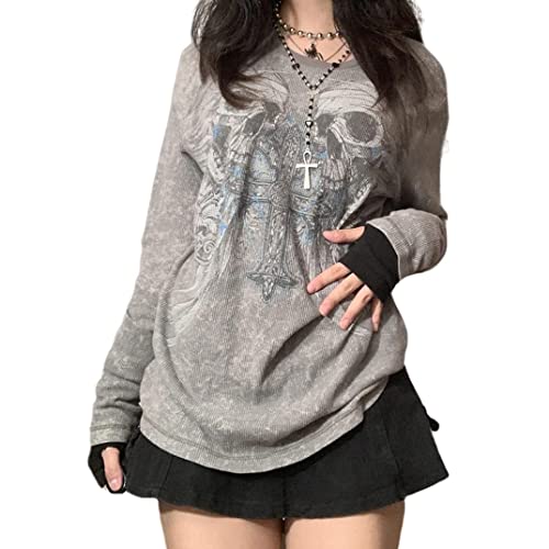 FeMereina Camiseta estética de manga larga para mujer, estilo grunge, ajuste holgado, vintage, gótico, gráfico, verano, Y2K, Halloween, calaveras, cruz, estampado, gris, S