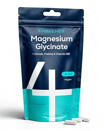 Magnesium Glycinate 3-in-1 Complex: 1279mg High Strength Magnesium Supplements with Bisglycinate, Citrate, Malate & Vitamin B6-90 Vegan Capsules - for Sleep, Energy & Muscles - UK Made - 4HIM&HER