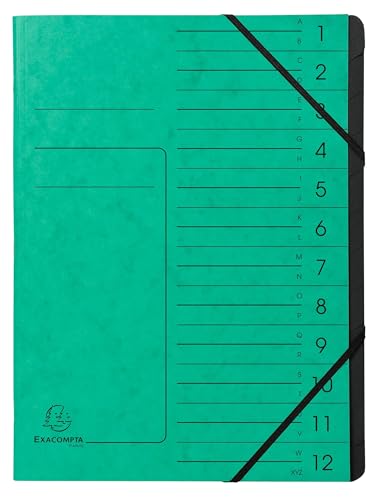 Exacompta - Ref. 541203E – Karton mit 10 Ordnern mit Klammerrücken – mit Gummibändern – bedruckter Deckel aus Glanzkarton und schwarzer Innenseite aus recycelter Karte – 12 Fächer – 24,5 x 32 cm – A4