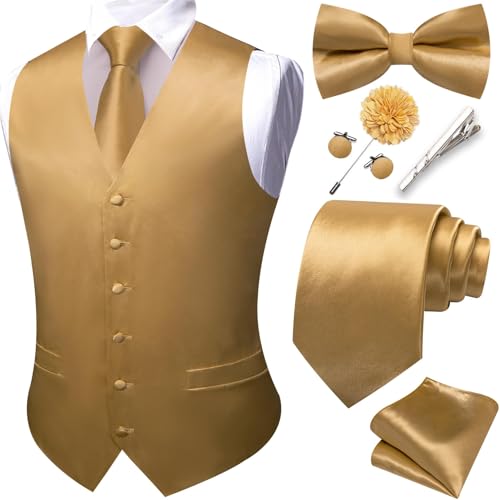 Gilet et nœud papillon doré pour homme avec lot de 8 boutons de manchette à clip jacquard XXL