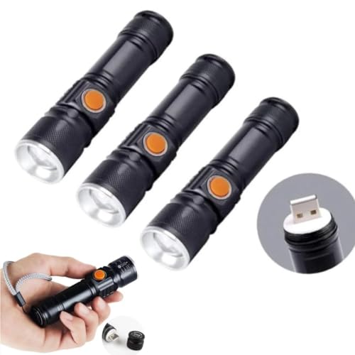 KIT 3 Lanterna Led Profissional Forte A Prova DAgua MINI ALUMINIO METAL RECARREGAVEL USB PRETA BIKE