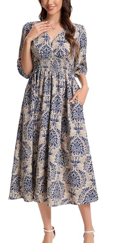 Image of Kormei Women Casual Boho V Neck 3 /4 Sleeve Smocked Waist A Line Flowy Swing Midi Dress Smocked Long Dress