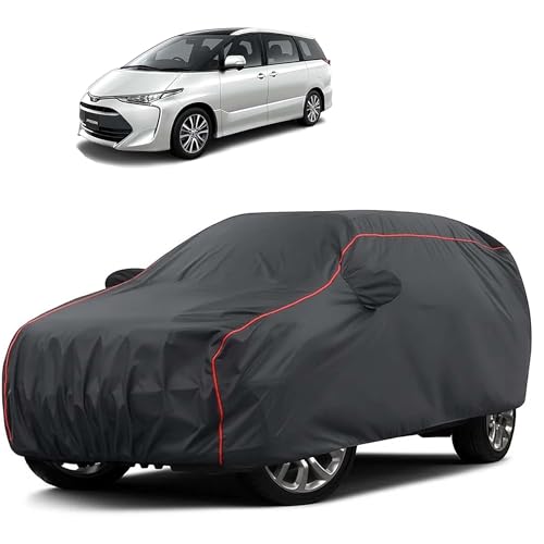 Image of Sulfar 100% Water Resistant Car Body Cover Compatible with Mirror for Toyota Previa (Triple Stitched, Full Bottom Elastic, Dark Grey Taffeta with Red Piping)