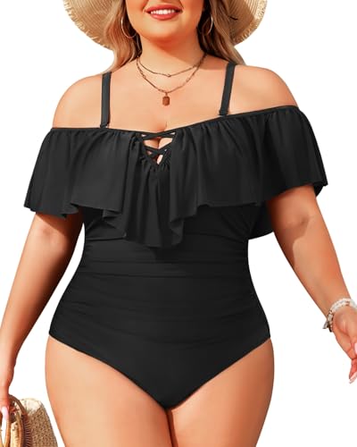 Daci Women Plus Size One Piece Swimsuits Tummy Control Ruffle Off Shoulder Bathing Suits