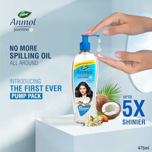 Image of Dabur Anmol Jasmine Coconut Hair Oil Pack of 2 (475ml x 2), for Nourished & Frizz-Free Hair, Strengthens with Coconut, Jasmine & Almond Protein