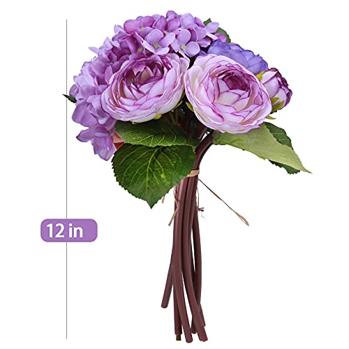 Felice Arts Artificial Flowers Purple Bouquet 12" 7 Head Silk Tea Rose & Hydrangea Bouquet For Wedding Bridal Bouquet Home Table Centerpiece Summer Floral Decoration #TOP4