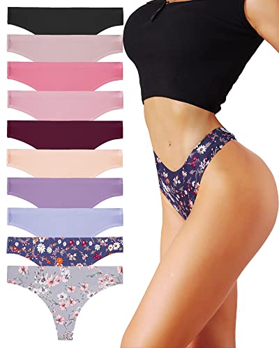 ROSYCORAL 10 Pack Seamless Thongs for Women Breathable Low Rise Panties Invisible Hipster Underwear Thong No Show XS-XL