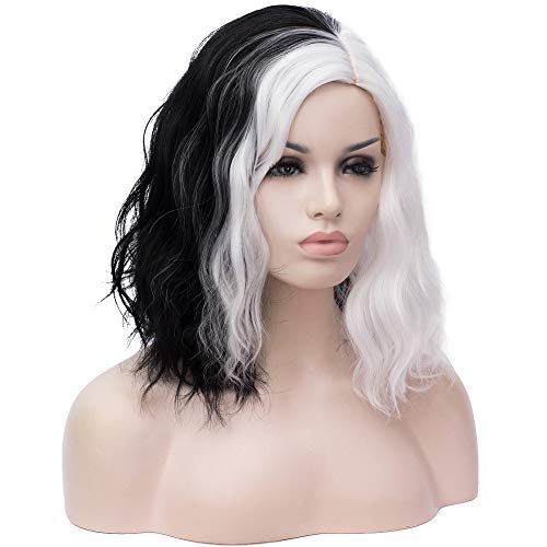 Image of BERON 14 inch Women Girls Short Curly Bob Wavy Wig Body Wave Halloween Cosplay Costume Daily Party Wigs (Black and White)