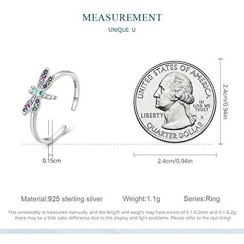 Bisaer 925 Sterling Silver Dragonfly Open Rings Adjustable Ring For Women Paved With Cubic Zirconia And Glass Animal Rings Jewelry Gift For Women Girls #TOP4
